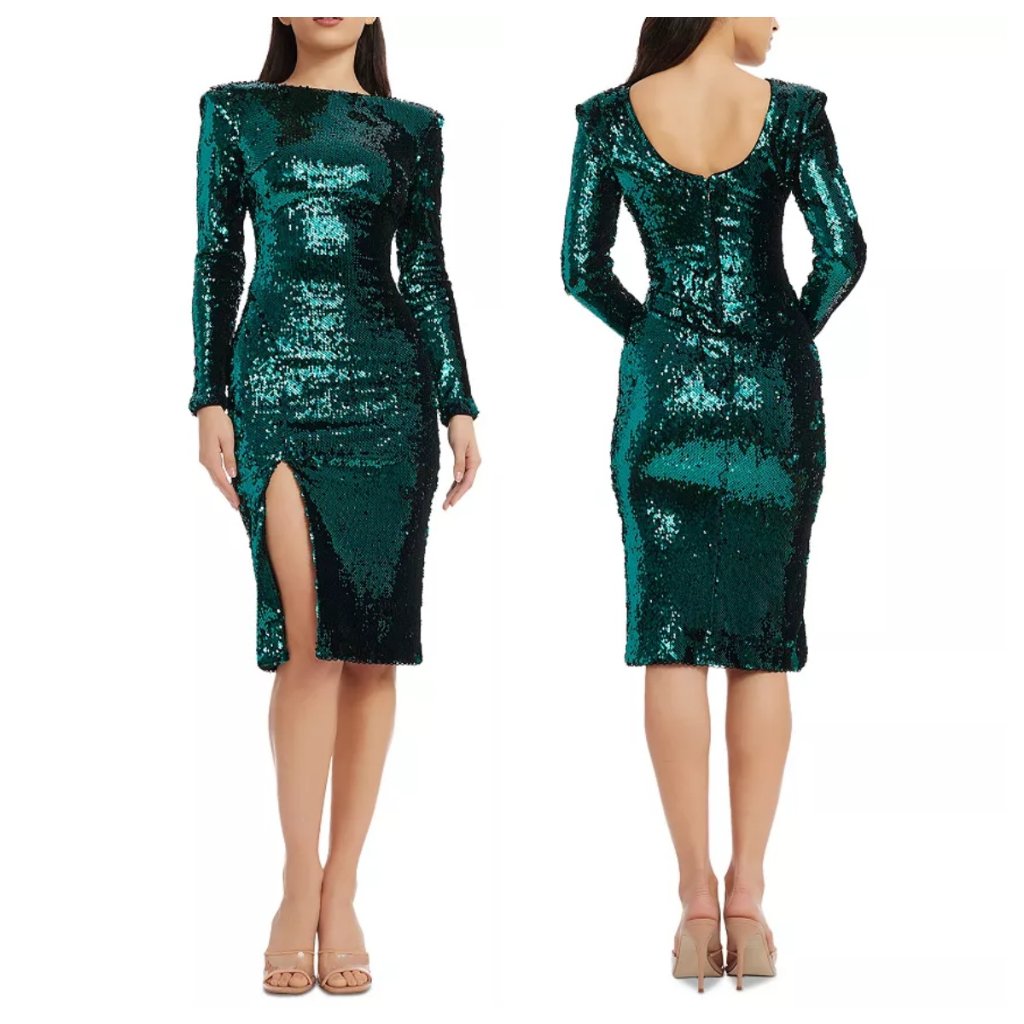 Dress The Population Natalie Sequin Long Sleeve Dress Deep Emerald